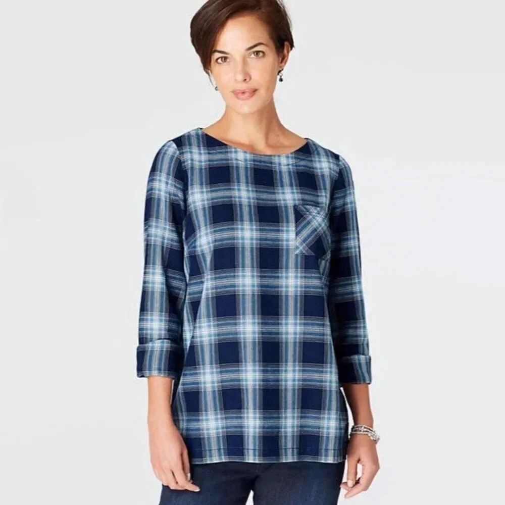 J. Jill Blue Plaid Tunic Blouse Size Medium Button Back